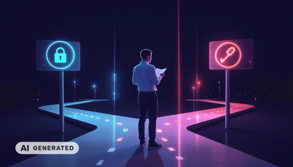 Ein Mann steht an einer Weggabelung mit Schildern, auf denen ein Schloss und ein Kettenglied abgebildet sind – als Symbol für Entscheidungen im Bereich der Cybersicherheit.
