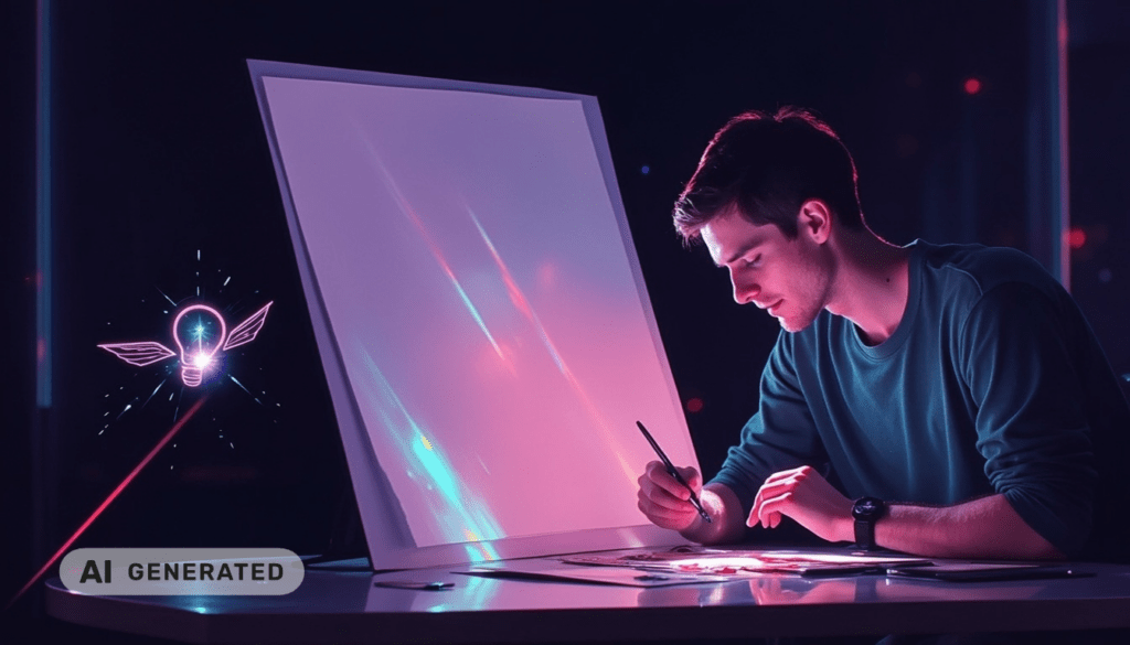 Ein Mann zeichnet an einem Schreibtisch mit digitalen Werkzeugen; daneben leuchtet das Symbol einer fliegenden Glühbirne.