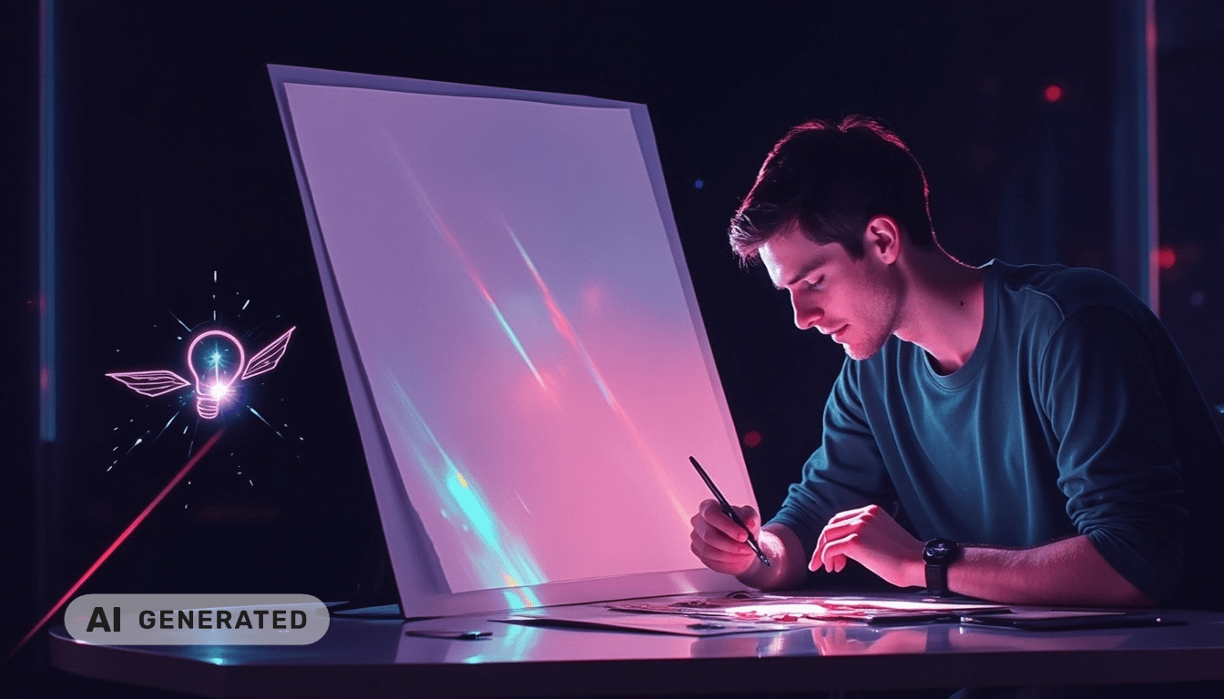 Ein Mann zeichnet an einem Schreibtisch mit digitalen Werkzeugen; daneben leuchtet das Symbol einer fliegenden Glühbirne.