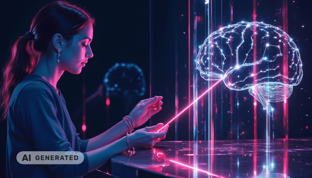 Eine Frau interagiert mit einem leuchtenden digitalen Gehirn-Hologramm, wobei Neonlichter die futuristische Technologie widerspiegeln.
