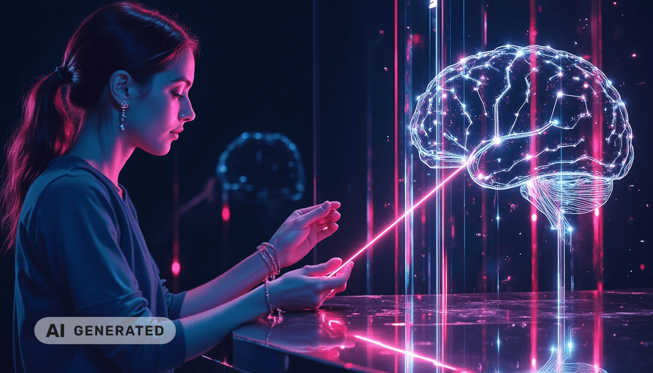 Eine Frau interagiert mit einem leuchtenden digitalen Gehirn-Hologramm, wobei Neonlichter die futuristische Technologie widerspiegeln.