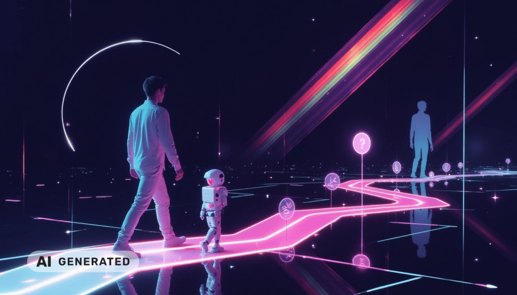 Ein Mann und ein kleiner Roboter gehen einen leuchtenden, futuristischen Weg entlang, der mit Fragezeichen-Symbolen und holografischen Figuren gesäumt ist.