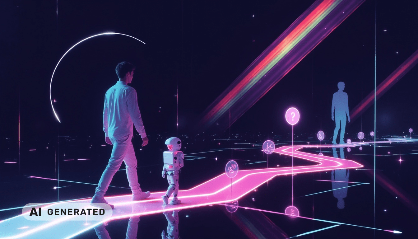 Ein Mann und ein kleiner Roboter gehen einen leuchtenden, futuristischen Weg entlang, der mit Fragezeichen-Symbolen und holografischen Figuren gesäumt ist.