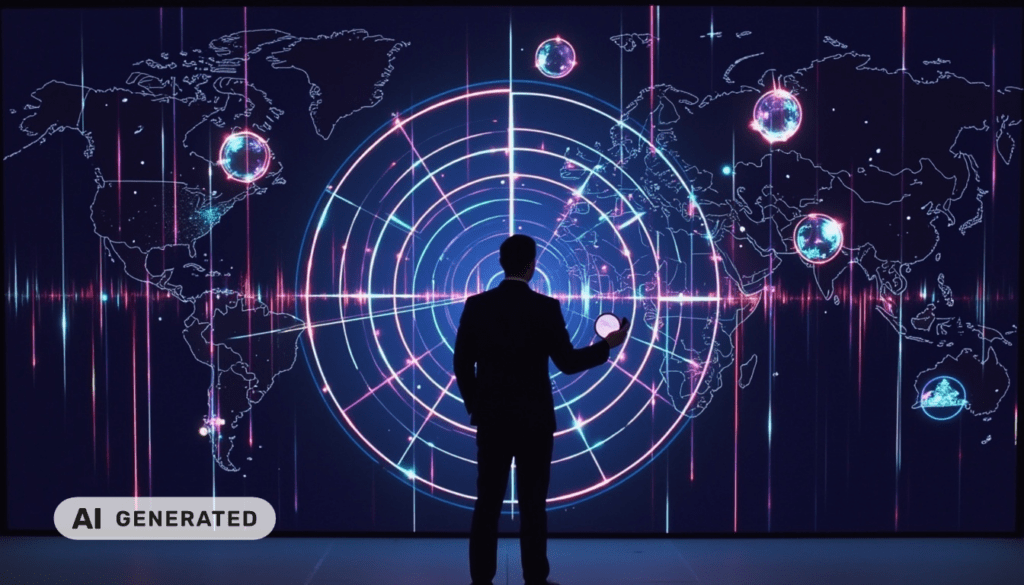 Eine Person steht vor einer digitalen Weltkarte mit leuchtenden Zielkreisen und holografischen Globen.