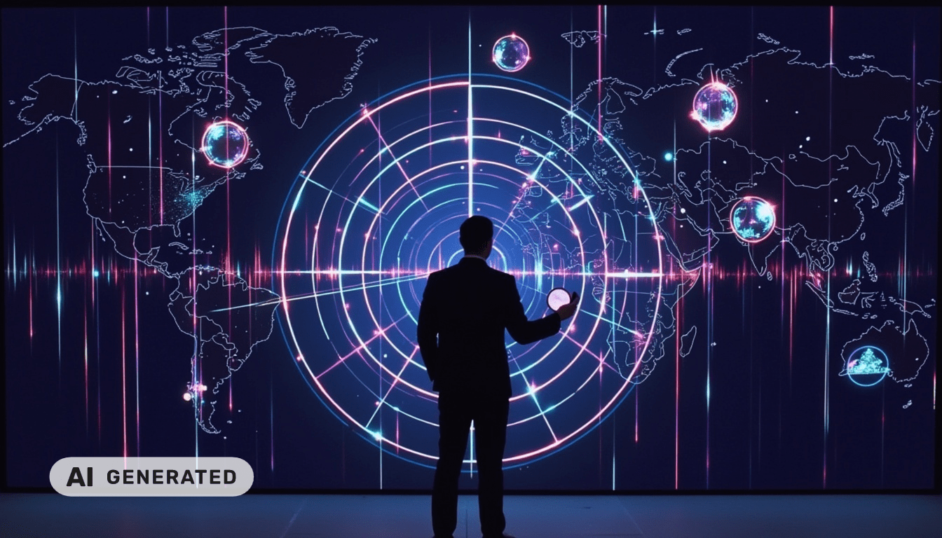 Eine Person steht vor einer digitalen Weltkarte mit leuchtenden Zielkreisen und holografischen Globen.