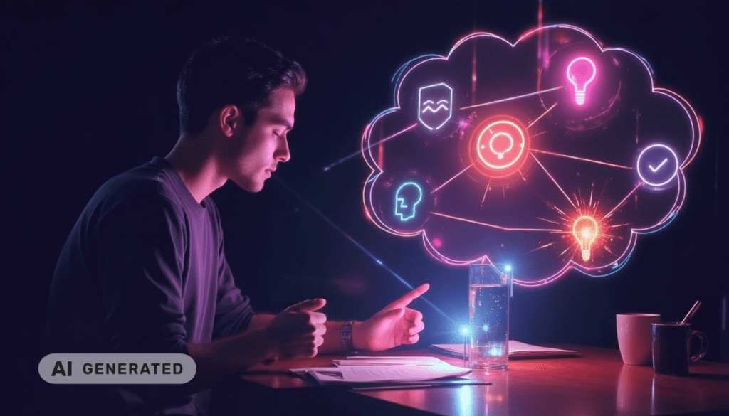 Ein Mann sitzt am Schreibtisch, umgeben von einer leuchtenden Wolke aus bunten Symbolen, die für Ideen und Innovation stehen; daneben steht eine Kaffeetasse.