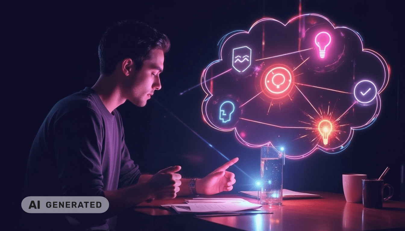 Ein Mann sitzt am Schreibtisch, umgeben von einer leuchtenden Wolke aus bunten Symbolen, die für Ideen und Innovation stehen; daneben steht eine Kaffeetasse.